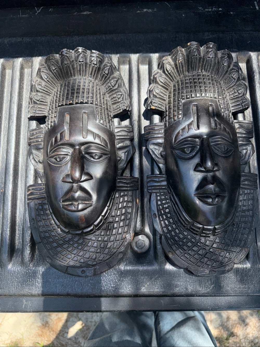 Pair of Hand-Carved African Tribal Mask Wall Plaques - Black